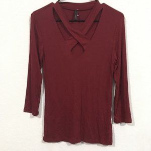 Noble U Maroon Criss Cross Neckline Long Sleeve Top